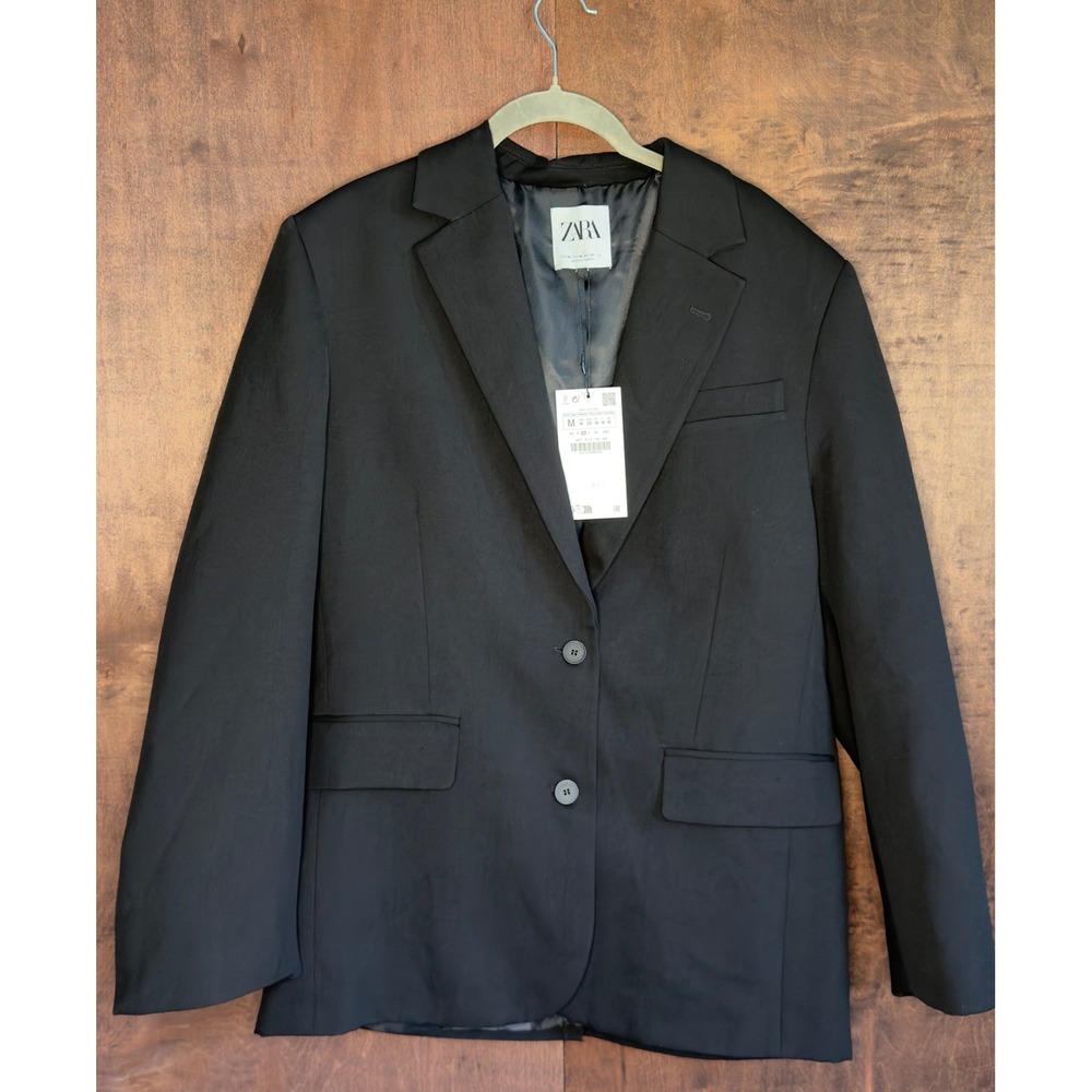 Zara Womens Black Single Breasted Blazer Notched Lapel Two Button Jacket Size M